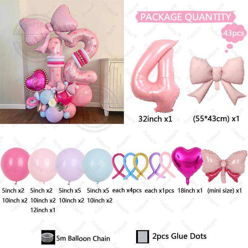 43PCS Pink Bow Theme Bouquet Balloon Set with 32inch Pink Number Girl First Birthday Party Decoration Baby Shower Helium Globos