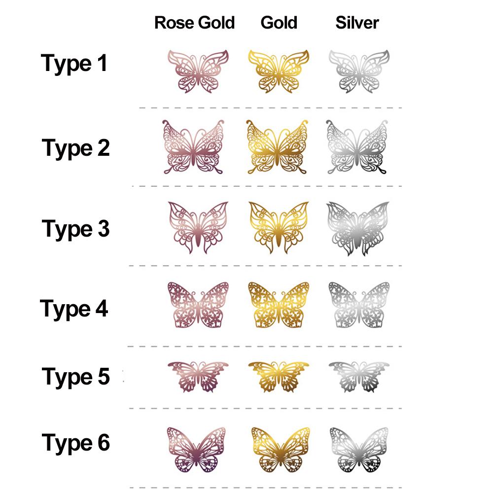 12Pcs/Pack 3D Hollow Out Butterfly Stickers Gold/Silver/Rosegold Mirror Decals Metal Texture Wall Art Wedding Party Supplies