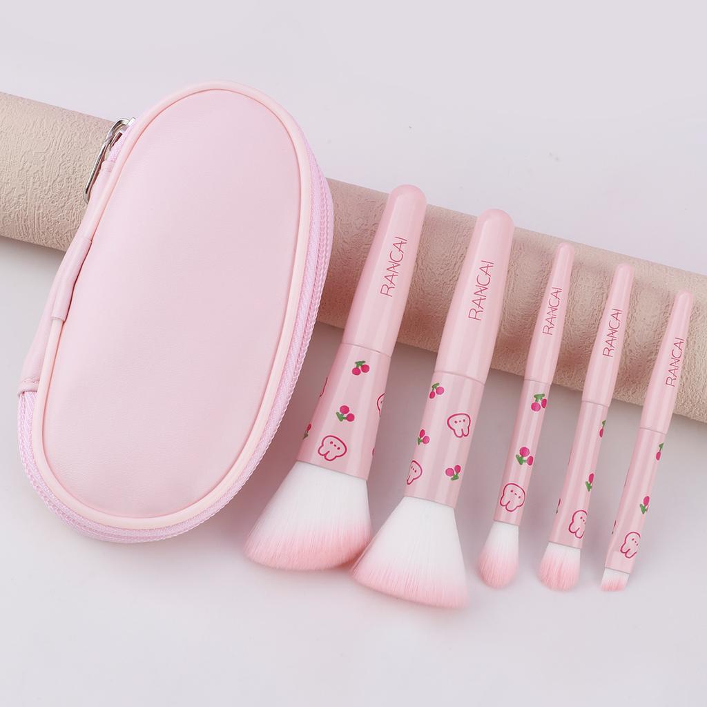 5Pcs Cute Compact Makeup Brush Set With Case Premium Brush for Flawless Foundation, Blush, Eyeshadow Application Beauty Tools