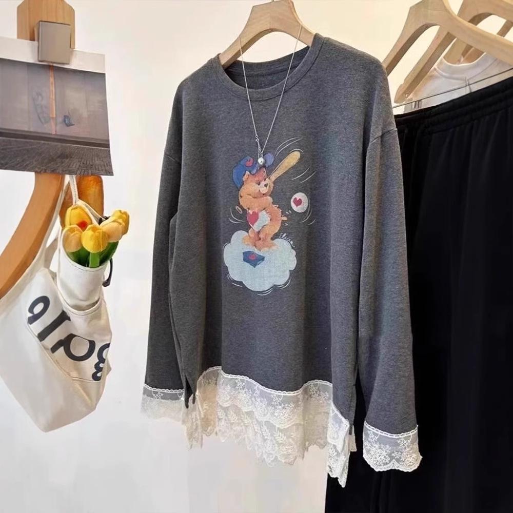 Women's Korean Lace Patchwork Sweatshirt - Spring 2025 Collection, Loose Fit, Round Neck, Thickened Base Layer Top