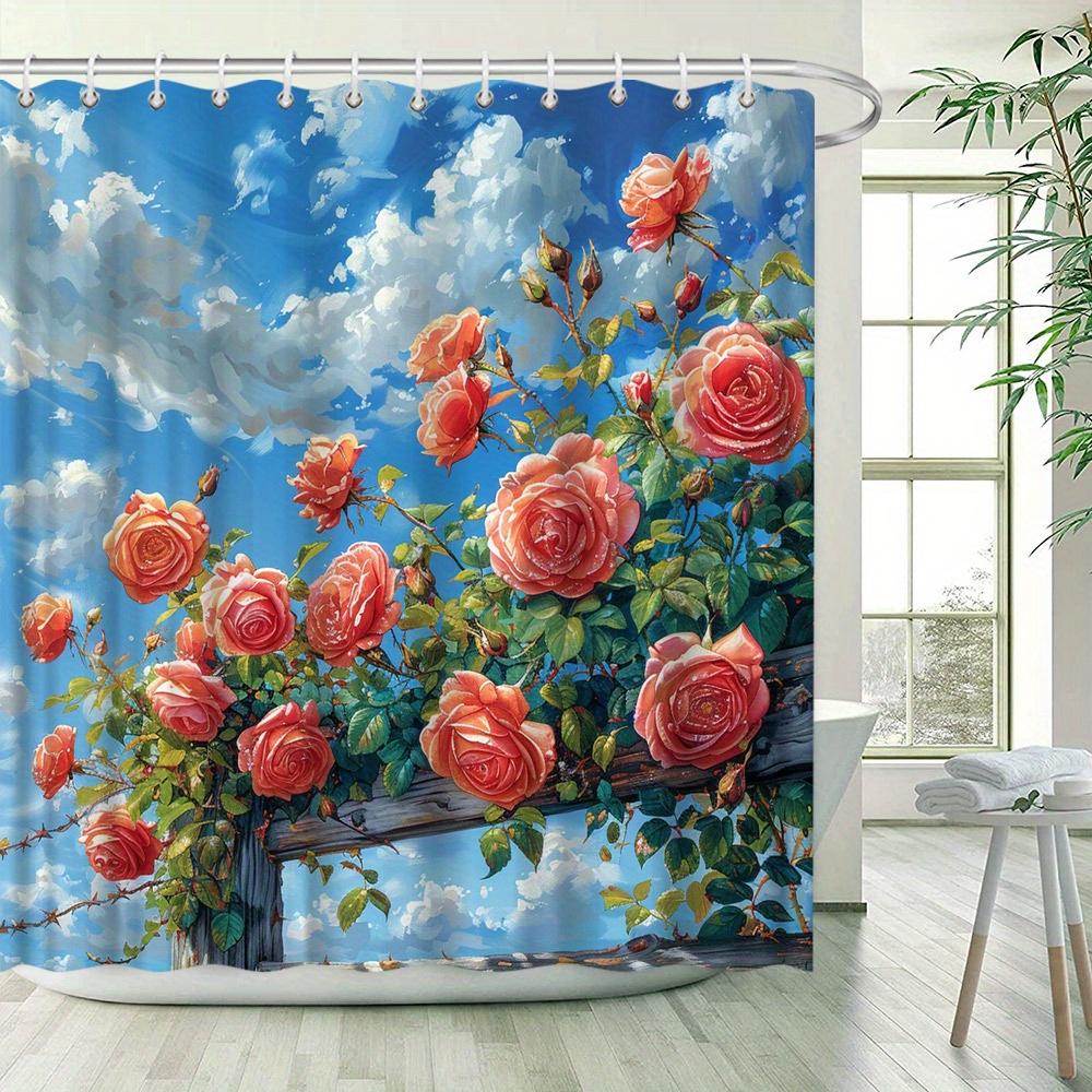 Enchanting Rose Garden Shower Curtain - Waterproof, Anti Mold, Blue Sky and White Clouds, Creating a Fresh and Romantic Bathroom