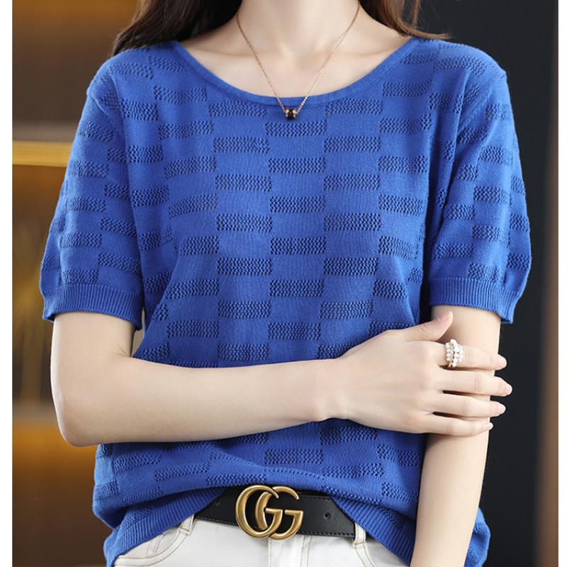 

Летняя женская футболка с коротким рукавом из чистого хлопка, вязаная, с круглым вырезом, пуловер, свободная, повседневная, ажурная, с цветочным узором, базовая футболка с коротким рукавом XXL