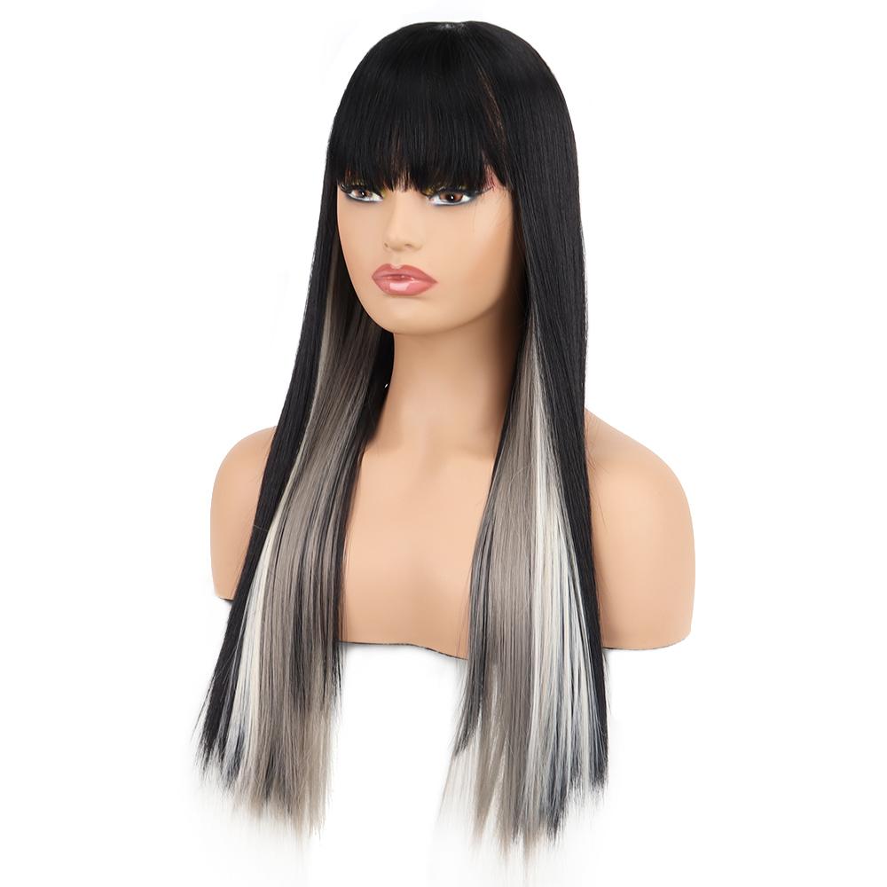 MISSQUEEN Long Black and Grey Straight Synthetic Heat Resistant Fiber Wig for Women Pink Gold Wig Cosplay Lolita Wig