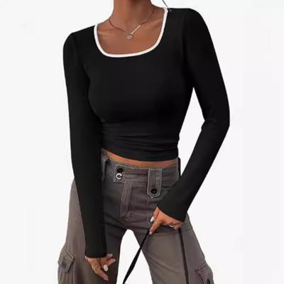 Women's Spring and Autumn Long-sleeved Scoop Neck Slim Ribbed Knit T-shirt Color-blocked Shirt