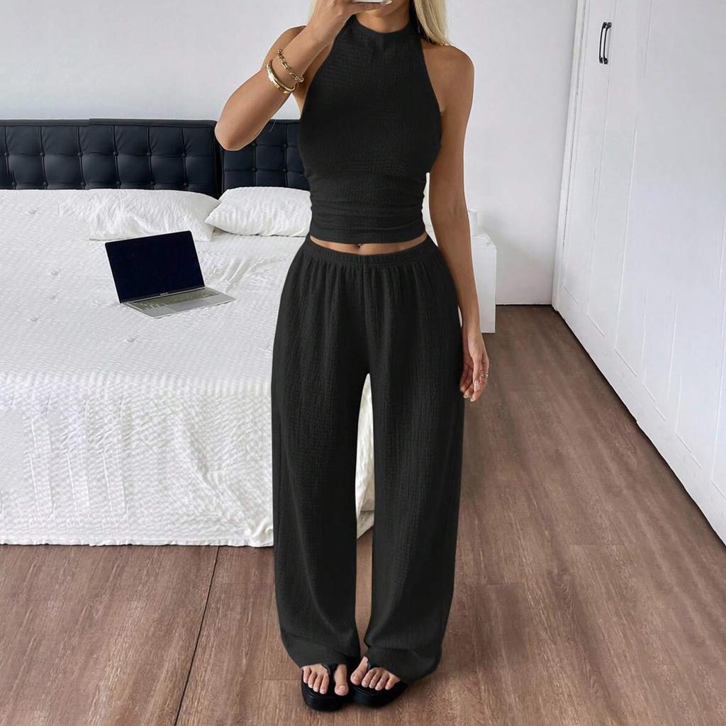 Women’s Two Piece Set Sleeveless Halter Neck Top and Wide Leg Long Pants Casual Relaxed Fit Outfit for Daily Wear