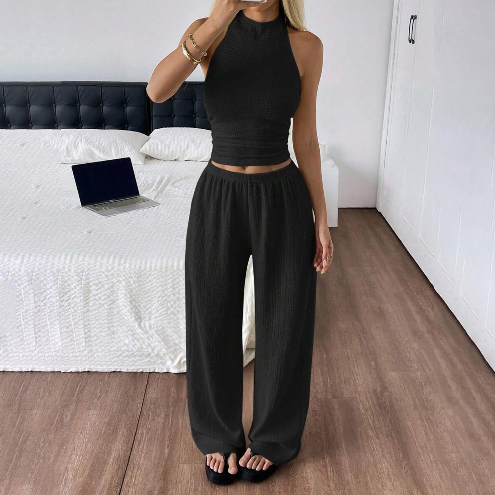 

Women’s Two Piece Set Sleeveless Halter Neck Top and Wide Leg Long Pants Casual Relaxed Fit Outfit for Daily Wear XL чорний