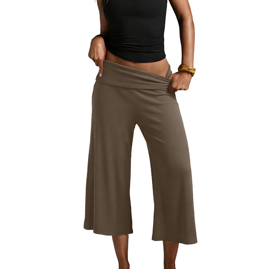 Pantaloni da Yoga da Donna a Gamba Larga Corti con Vita Pieghevole Vestibilità Rilassata Tessuto Morbido ed Elastico per il Comfort