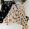 Spring Super Fairy V-neck Pleated Polka Dot Sunscreen Shirt Blouse Women's Bubble Lantern Sleeve Chiffon Shirt Women