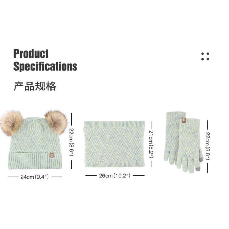 Children's Knitted Three Piece Set with Winter Plush Ball Warm Hat, Scarf, Glove