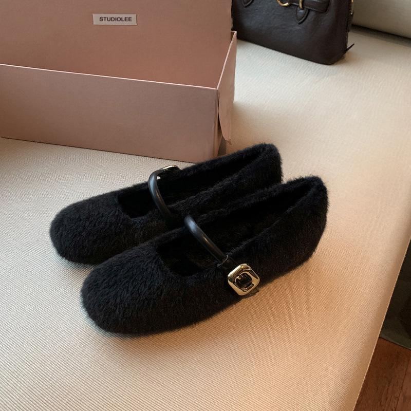 ! Shoes ballet style one-word belt inner height increase fluffy flat bottom Mary Jane single shoes women
