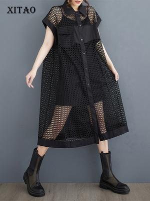 Mesh Hollowing Dress Loose Fashion Loose Single Breasted HQQ2336