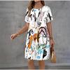 Women Elegant Print Casual Retro Mini Round Neck A-line Dress Temperament Dress Summer New Short Sleeved Dress Fashion New Dress