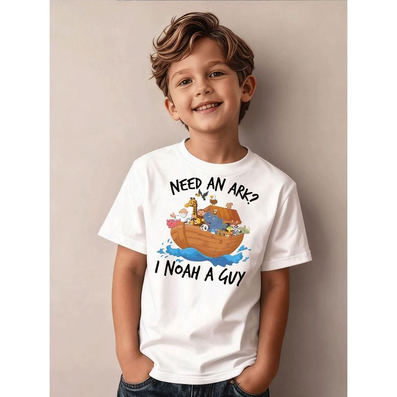 Boys Crew Neck Short Sleeve T-Shirt with Cartoon Animals & Ark Print 110 белый