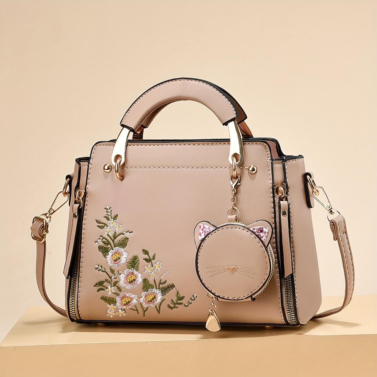 

Маленькие кошельки и сумки для женщин, женская сумка через плечо с вышивкой цветов, модная сумка-портфель с верхней ручкой, сумки через плечо с подвеской в виде котенка