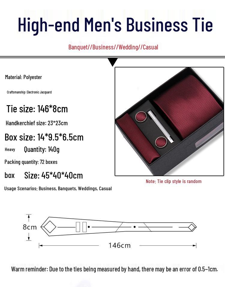 Men's Black & Wine Red Striped Plaid Tie Set with Pocket Square - Formal Wedding Gift Box