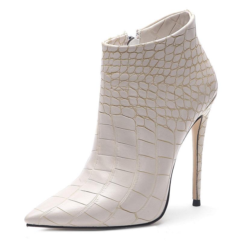 New European And American Style Pointed Thin Heel Print Super High Heels Short Boots Sexy Side Zipper Women's Bare Boots