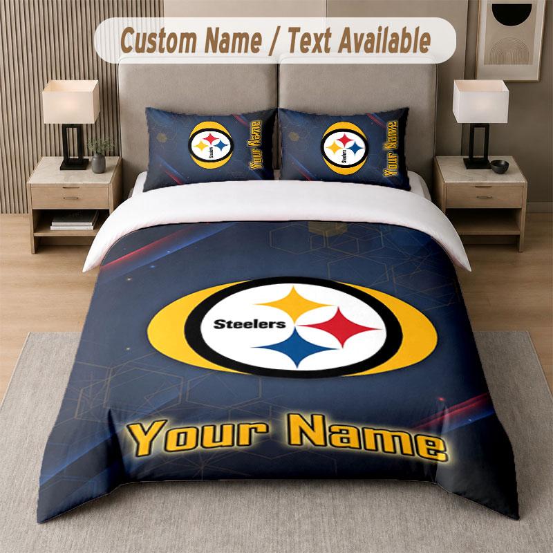 Custom Bedding Set Pittsburgh Steelers Pattern, Print Name Text 1 Duvet Cover Plus 2 Pillowcases Home Textile