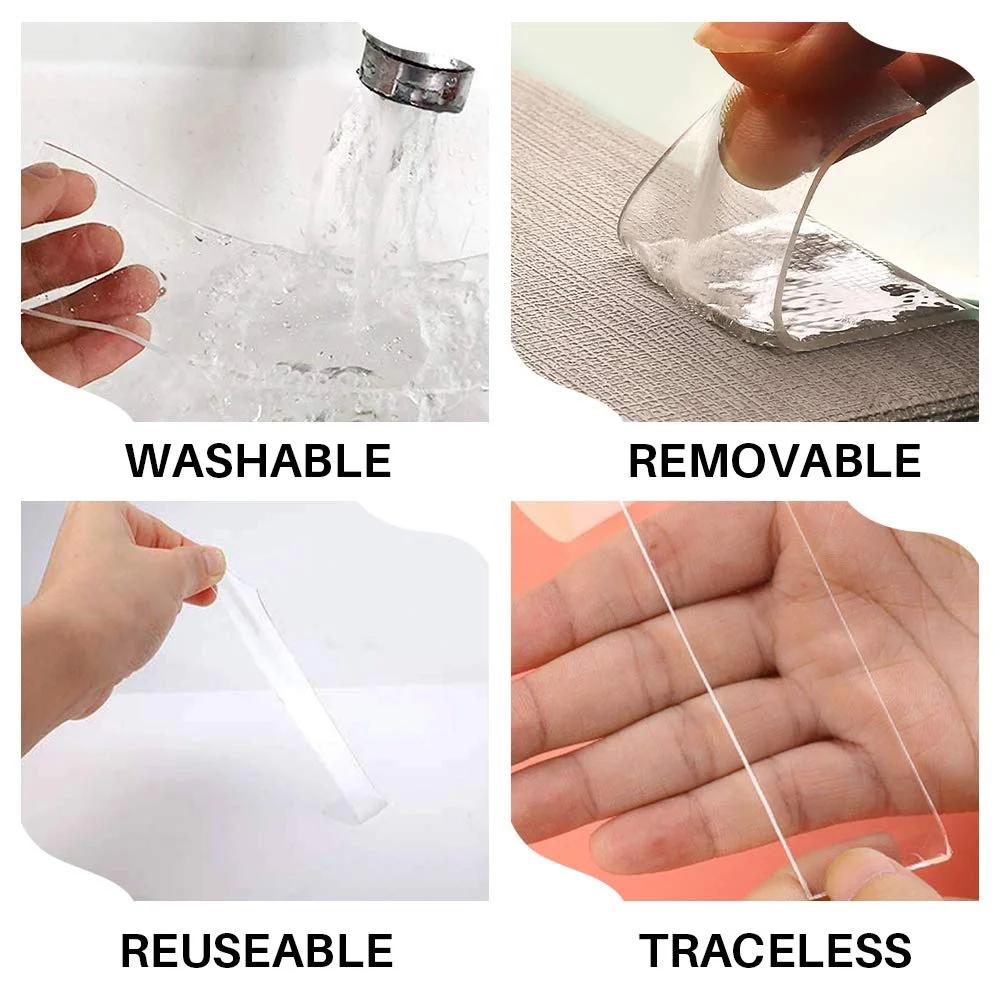 Clear Double-Sided Adhesive Tape Washable Reusable Strong No Residue Home Office Kitchen Decor Anti Slip
