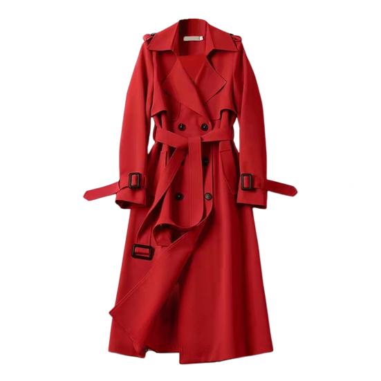 Fall Winter Women Trench Coat Turn-down Collar Solid Color Double-breasted with Belt Mid Length Loose Thermal Long Sleeved Commuting Dating