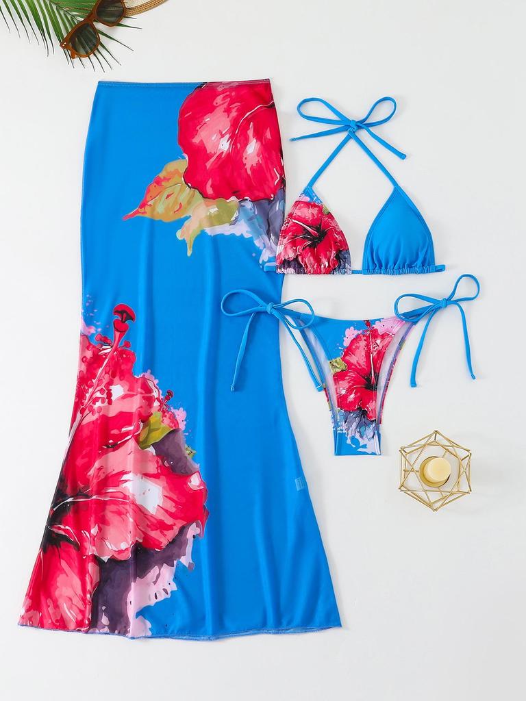 2026 European & American Women's Printed Long Skirt Split Bikini Three-Piece Swimsuit