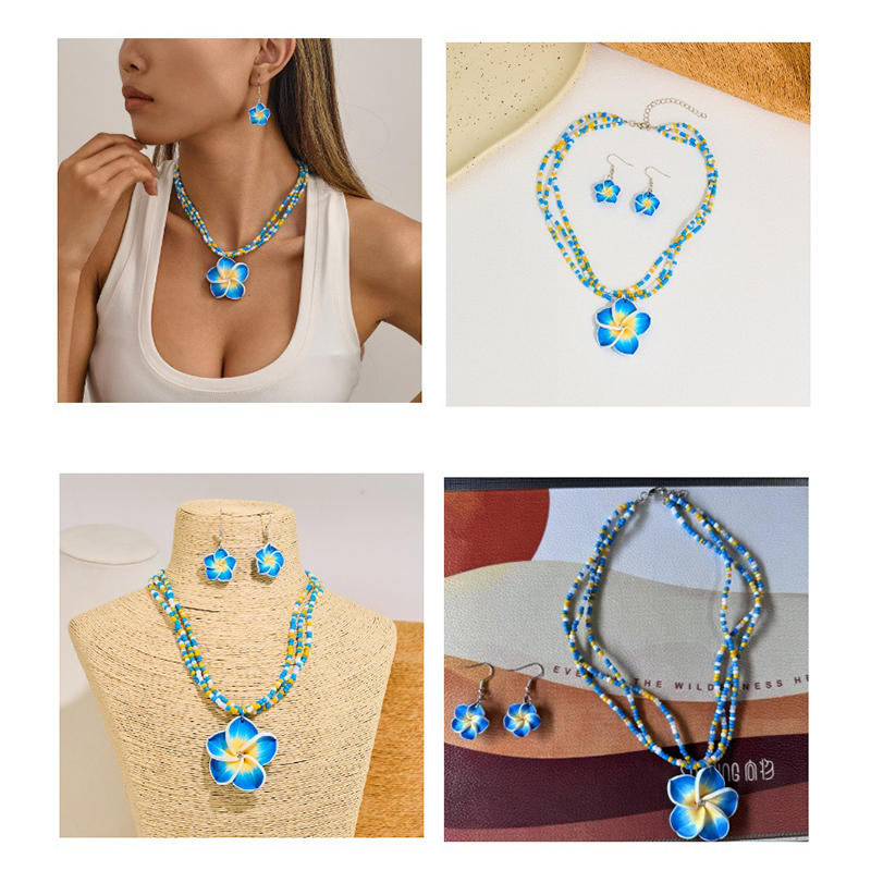 Elegant Colourful Flower Floral Set Earrings Necklace Sweet Braided Necklace Fashion Jewelry