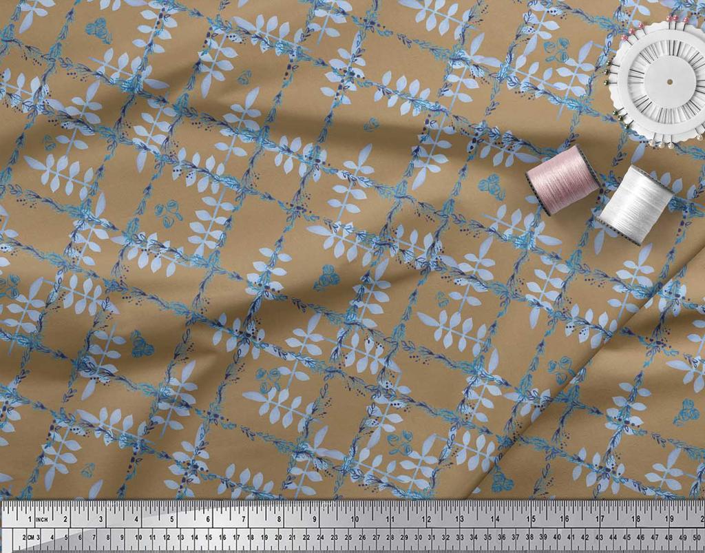 Soimoi Schwarzer Japanischer Krepp-Satin Stoff Blätter & Floral Karomuster Stoff pro Meter 42 Zoll