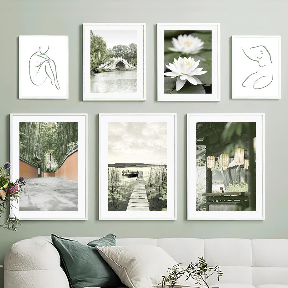 Lotus Teich Tempel Green Reed Brücke Wand Kunst Leinwand Malerei Nordic Poster Und Drucke Wohnkultur Chinesische Bilder Wohnzimmer