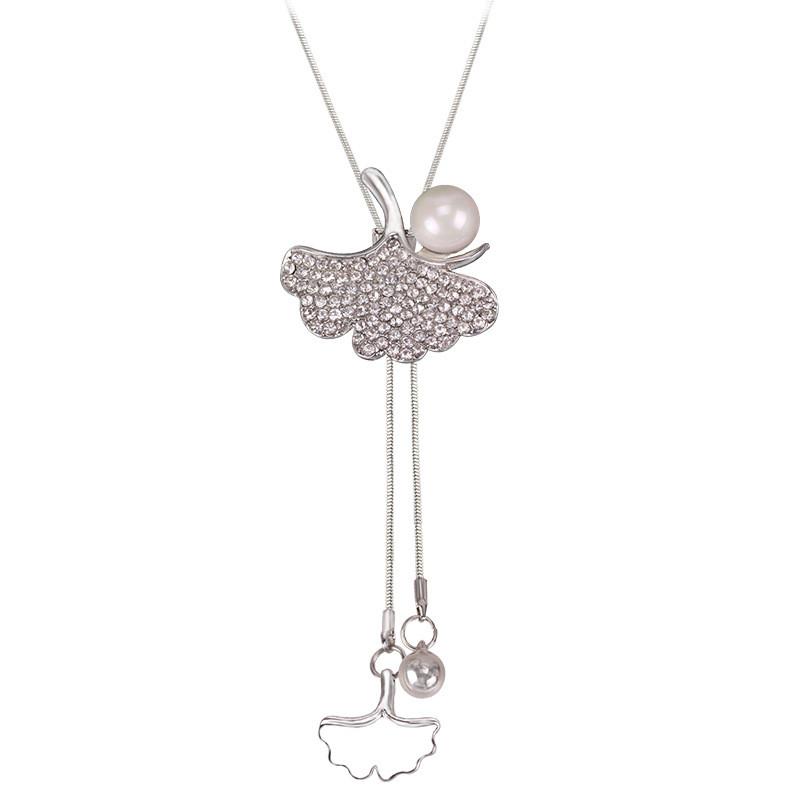 Long Stylish Ginkgo Leaf Sweater Chain Necklace For Women With Charming Detail Pearl