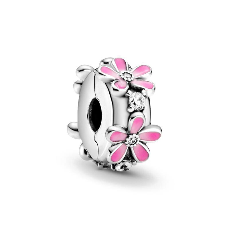 Classic 925 Silver Pink Blue Flower Pendant Bead Decoration Suitable For Necklace Bracelet DIY Women's Jewelry