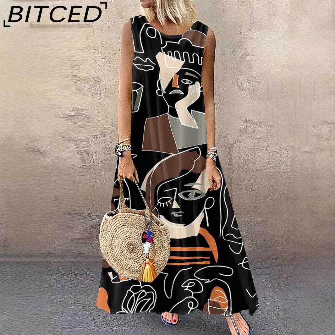 

BITCED Стильное летнее свободное женское платье без рукавов с винтажным принтом XXXXXL