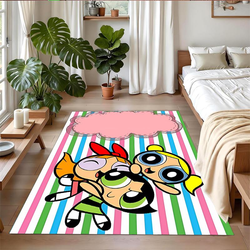 Anti‑Slip Crystal Velvet Floor Rug, The Powerpuff Girls Design Carpet for Indoor Living Bedroom Home Decoration