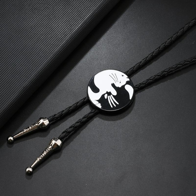 Mens Adjustable Leather Cord Bolo Tie with Enamel Metal Badge Pendant Western Rodeos Outfit Shirt Chain Necktie Necklace