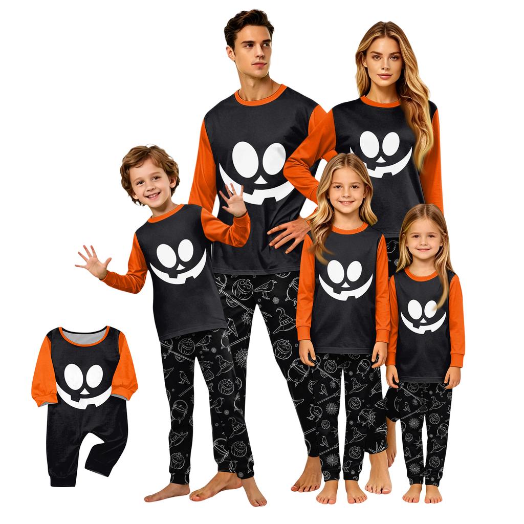 Family Matching Halloween Print Pajama Set Long Sleeve Round Neck Pajamas for Parents and Kids