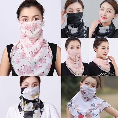 Summer Neck Collar Scarf Sun Protection Mask Elegance Women Floral Chiffon Silk Bib Breathable Balaclava Neck Cover Mask