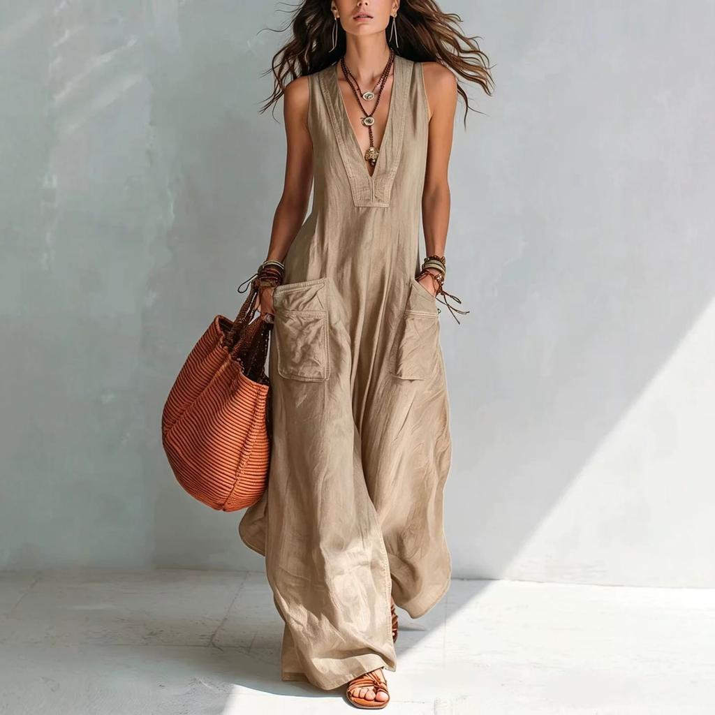 Women's Sleeveless Deep V Neck Loose Wide Leg Jumpsuit Solid Pocket Maxi Jumpsuit Casual Vacation Romper