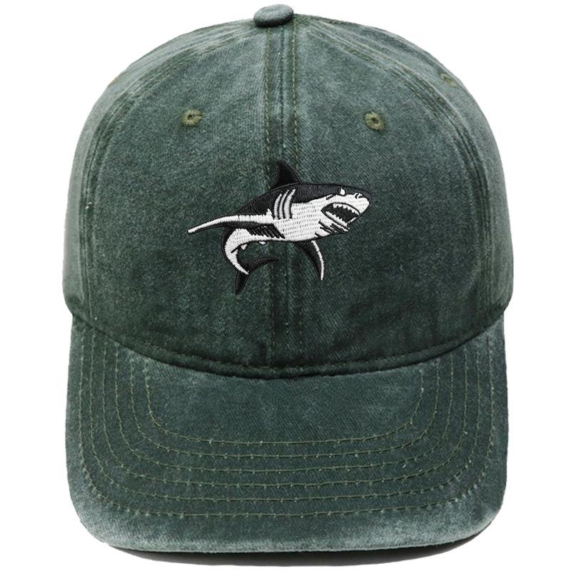 Big White Shark Embroidered Baseball Cap Washed Vintage Daddy Hat Marine Animal Men's and Women's Casual Sun Hat