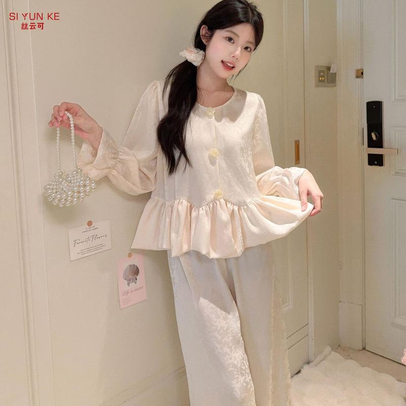 French Pajamas Women's Spring and Autumn 1011 New High-end Butterfly Jacquard Long-sleeved Trousers Loungewear Set Can Be Worn Outside