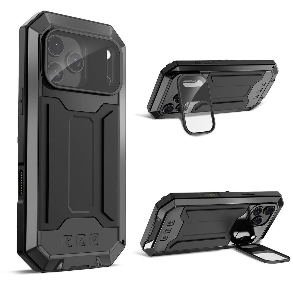 Invisible Stand Metal Tri-Proof Phone Case for iPhone 17/16Pro, Sliding Window Drop-Proof Protective Cover.