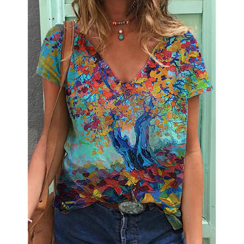 

Модные весенние блузки с принтом масляной живописи, футболки с коротким рукавом и V-образным вырезом, повседневные 8XL