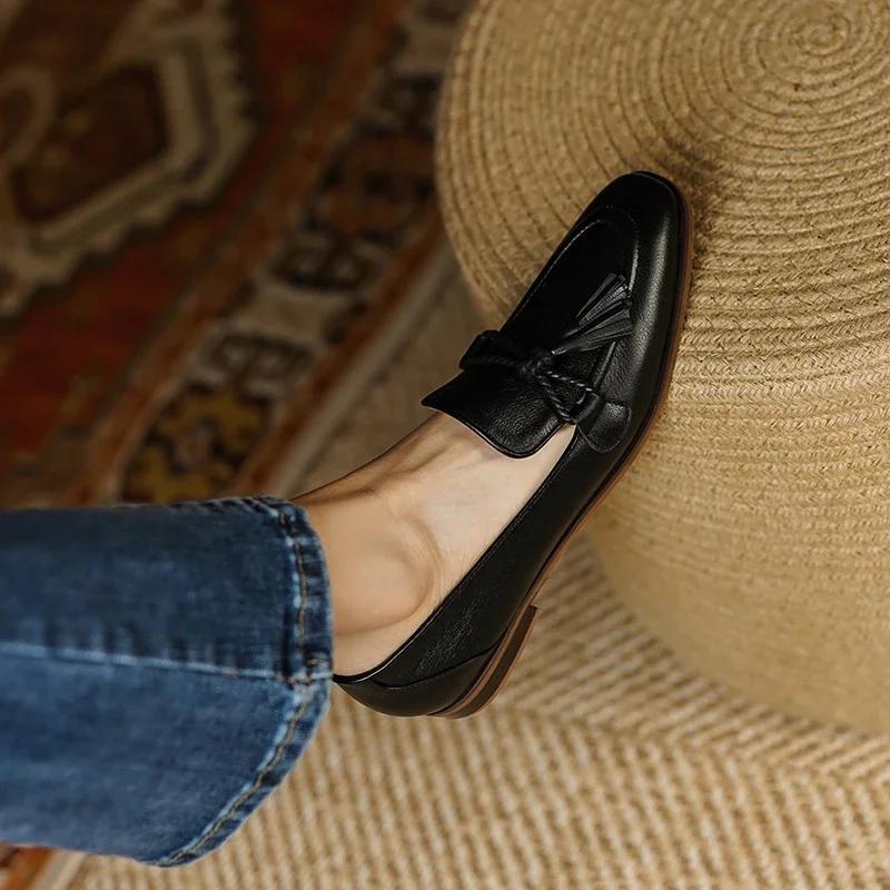 2025 Spring Genuine Leather Women Shoes Casual Slip-On Loafers Comfortable Simple Shoes Square Toe Shoes Woman Zapatos De Mujer