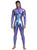 Men Metallic Shiny Hooded Jumpsuit Long Sleeve Front Zip-up Leggings Tights Catsuit Bodysuit for Rave Party Clubwear Night Out
