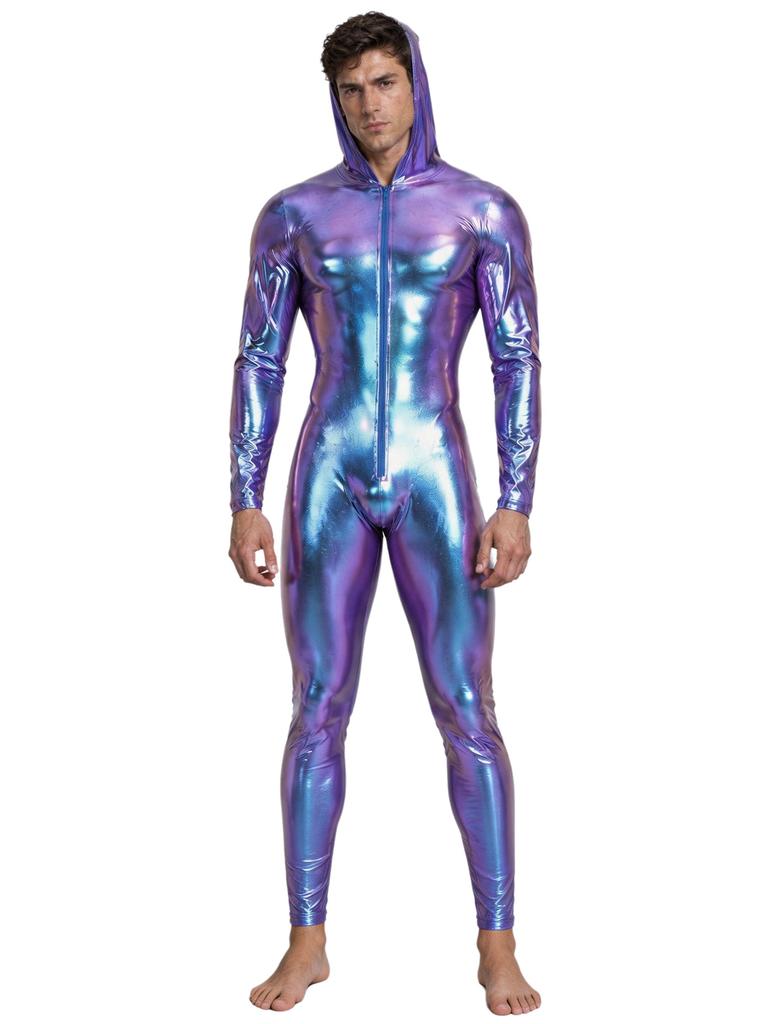Men Metallic Shiny Hooded Jumpsuit Long Sleeve Front Zip-up Leggings Tights Catsuit Bodysuit for Rave Party Clubwear Night Out