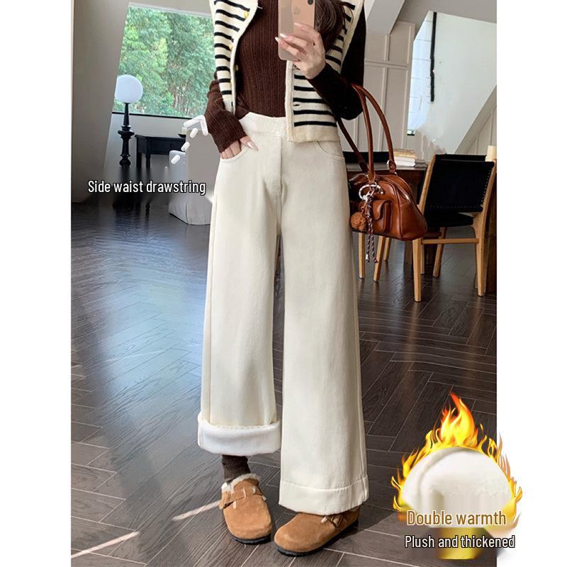 

White Maternity Fleece-Lined Denim Pants: Non-See-Through, Thick, Drawstring, Straight-Leg, Versatile, Loose Fit for Autumn/Winter Outdoor Wear Medium