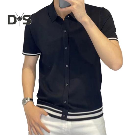 

Мужская рубашка с лацканами, коротким рукавом, пуговицами, планкой, рубашка с полосками, дышащая летняя повседневная рубашка XL чёрный