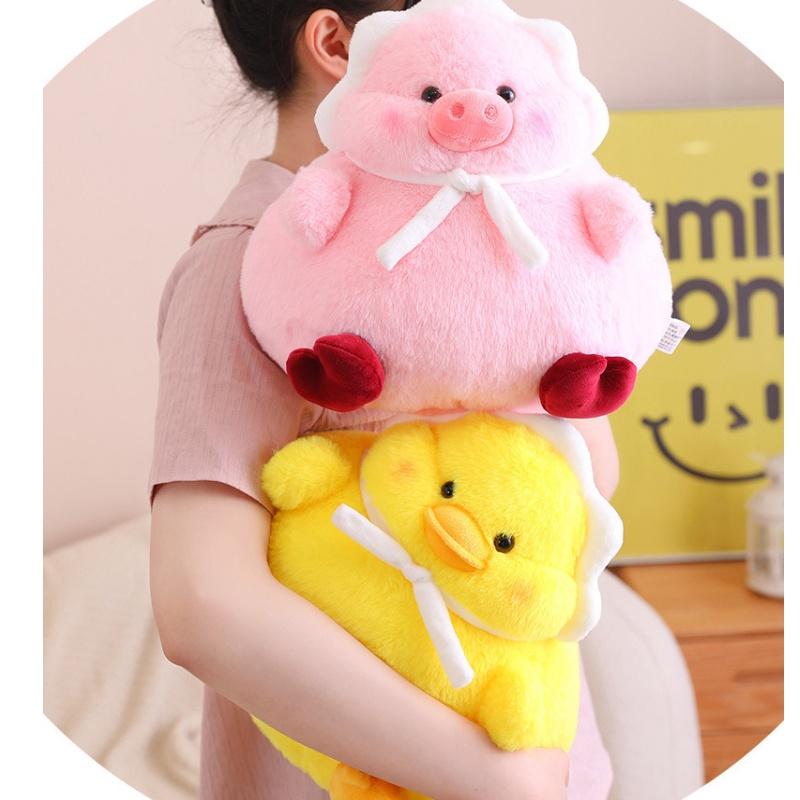 Cute And Fluffy Plush Toy Adorable Fat Duck With Headscarf And Pink Pig Soft And Huggable 30cm