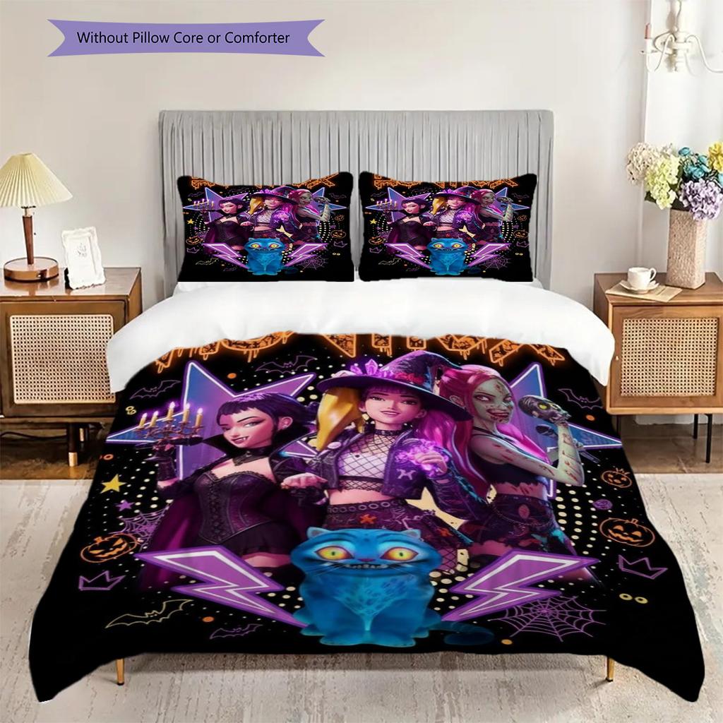 Kpop Demon Hunters Action Three-piece set (1 * duvet cover + 2 * pillowcase, without core) 2D Flat Soft and comfortable Bedding set