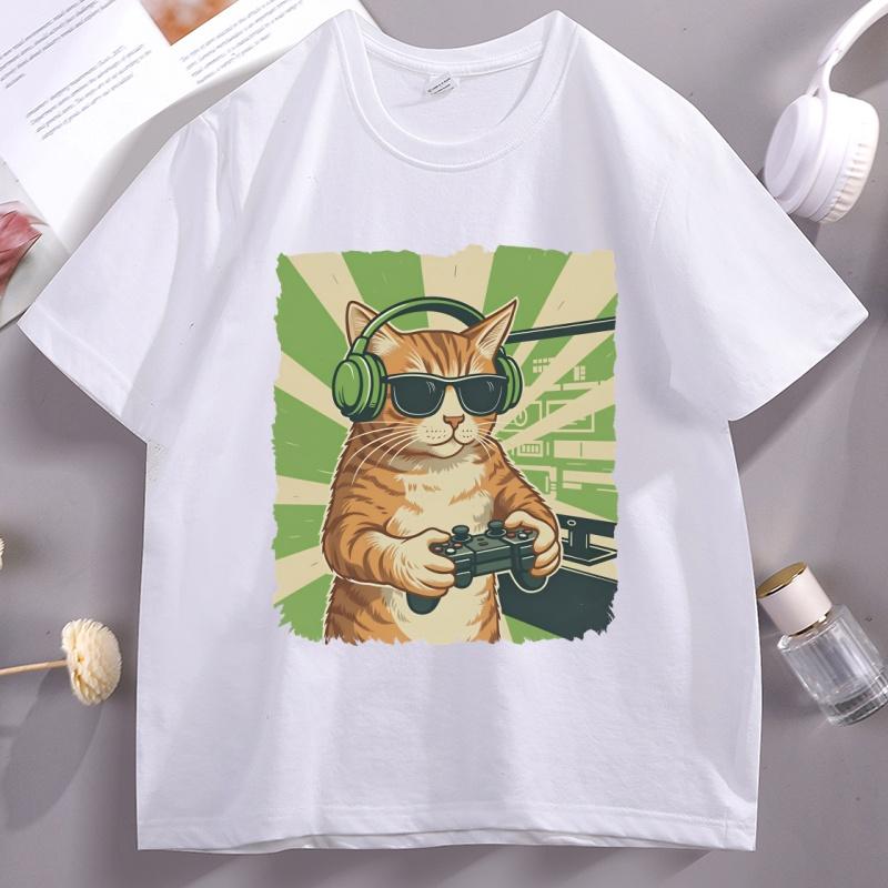 Gamer Cat T-Shirt Video Game Cat Tshirt Funny Graphic Tee Shirt Cat Dad Short Sleeve T Shirt Ca