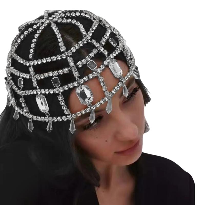 

Luxurious Glittering Rhinestones Hair Chain Headwear With Tassels Design Perfect For Evening Gowns And Special Occasion срібний