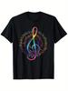 Rainbow Music Notes Treble Clef T-Shirt, Summer Casual And Comfortable T-Shirt, Fashionable Round Neck Short Sleeves, Comfortable And Versatile, 100% 