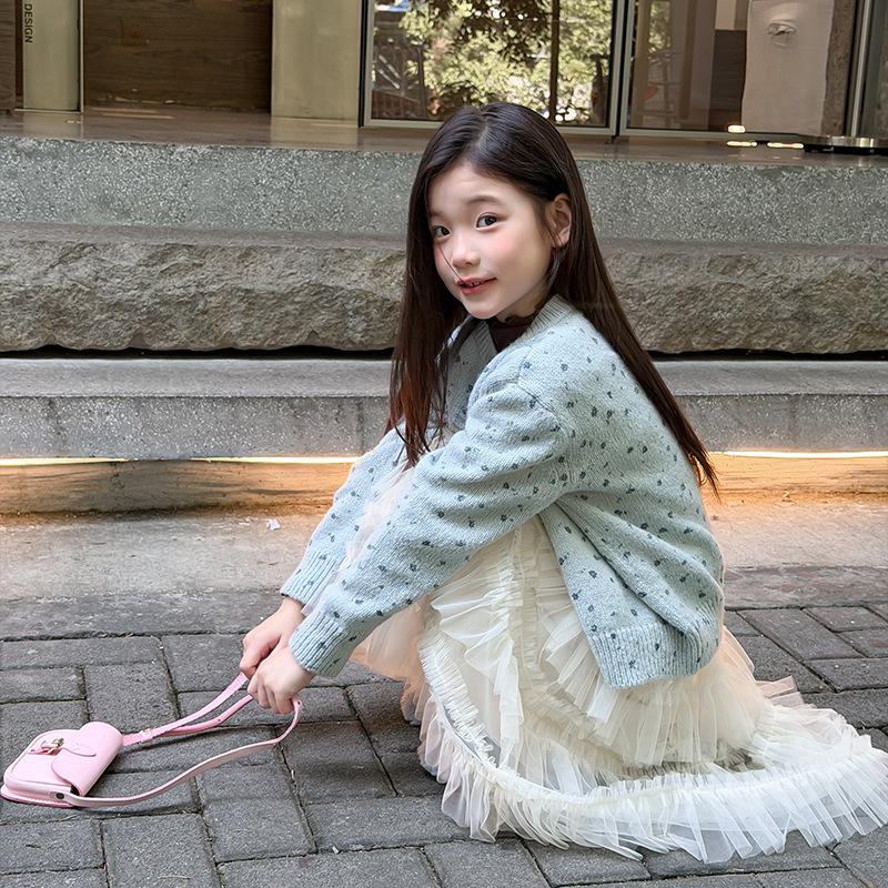 Korean Style Girls Floral Cardigan Sweater Kids Knit Casual Outerwear Top